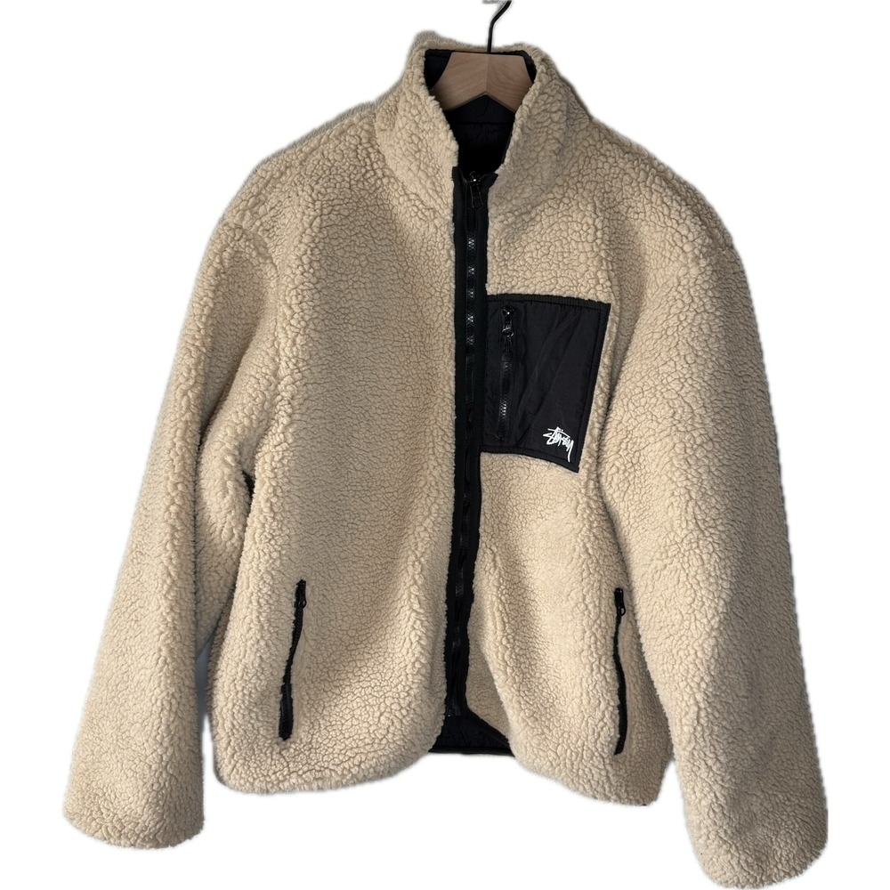 Stussy Y2K Reversible Sherpa Fleece Full Zip Jacket Cream Size Large Men's